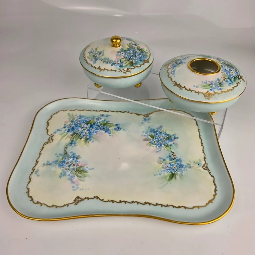 Antique Limoges B&Co France Vanity Set Tray Hair Receiver Forget Me Not Gold